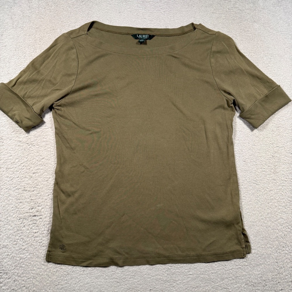 Vintage Y2K Lauren Ralph Lauren Top Womens L Olive Boat Neck Cuffed Sleeve Basic